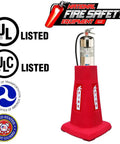 Heavy Duty 2.5 Gallon Stackable Water Fire Extinguisher Holder in red cover showing UL and ULC Listed certifications.