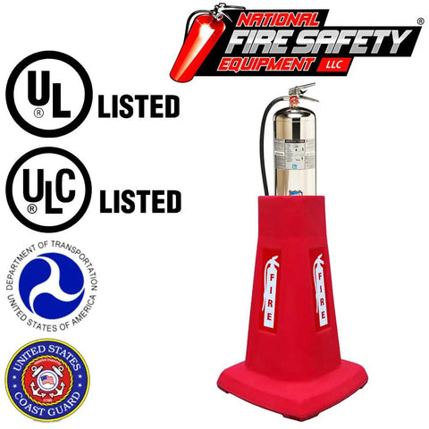 Heavy Duty 2.5 Gallon Stackable Water Fire Extinguisher Holder in red cover showing UL and ULC Listed certifications.