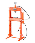 Pro Crew Badass 30 Ton H Frame Hydraulic Shop Press With Heavy Steel Platen And Automatic Relief Valve For Swapping Car Bushings Ball Joints Garage Metalwork Setup in orange color.
