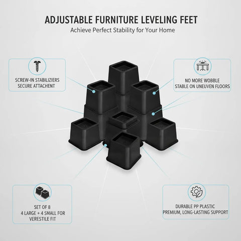 Adjustable Furniture Leveling Feet Screw In Legs For Sofa Bed Or Table in black PP plastic, set of 8 with stability features shown.