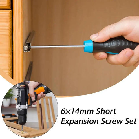 Using 6x14mm Short Expansion Screw Set for Cabinet Hinge Repair on wooden cupboard, close-up view of fastening process.