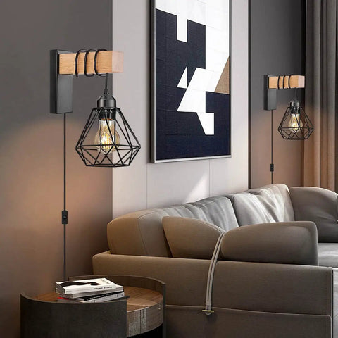 Plug In Wall Sconce Set Of Two With Wood Arm And Diamond Cage Shade Black Rustic Farmhouse Lighting for Living Room