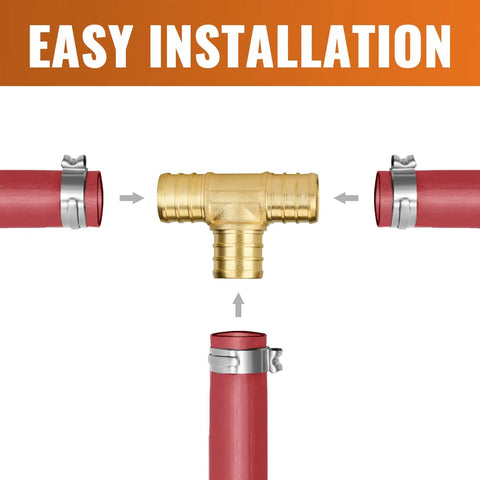12 Pack Three Quarter Inch PEX Tee Fittings No Lead Brass Crimp Tee Fittings For Plumbing, Corrosion Resistant, High Temperature 32F To 200F, Safe Drinking Water, Easy Install For PEX Lines, Clamp Rings Not Included, installation diagram with pipes connecting to brass fitting.