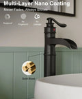Vessel Sink Faucet Waterfall Matte Black With Pop Up Drain Without Overflow And Supply Lines One Handle Vanity Bathroom Mixer Tap Durable Solid Brass Construction Sleek Dope Finish with Nano Coating