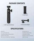Package contents with Tiny But Mighty Mini Desk Selfie Stick Tripod, phone holder, and camera adapter in black aluminum alloy.