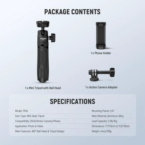 Package contents with Tiny But Mighty Mini Desk Selfie Stick Tripod, phone holder, and camera adapter in black aluminum alloy.
