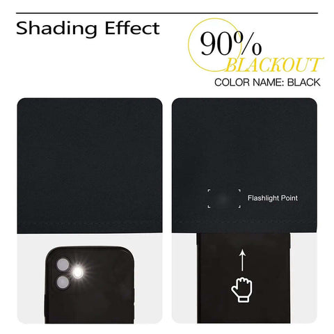 Old Antique Door Style Blackout Curtains showing 90% light blocking effect with flashlight demonstration, color name: black.