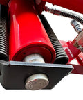 Close-up of a red 50 Ton Hydraulic Shop Press With H Frame Workhorse Adjustable Working Table Height Twenty Seven And A Half Inch Bed