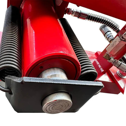 Close-up of a red 50 Ton Hydraulic Shop Press With H Frame Workhorse Adjustable Working Table Height Twenty Seven And A Half Inch Bed