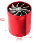 Red aluminum High Flow Air Intake Turbo Booster Kit With Double Sided Turbine For Cars, dimensions labeled, front view.