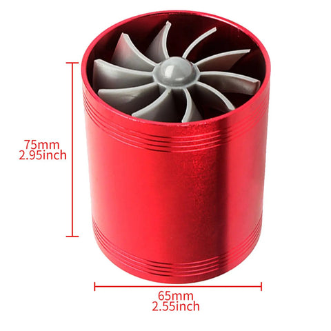 Red aluminum High Flow Air Intake Turbo Booster Kit With Double Sided Turbine For Cars, dimensions labeled, front view.