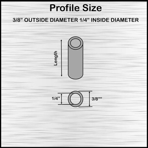 Diagram showing dimensions of Heavy Duty Aluminum Spacer Three Eighths Inch Outer Diameter And One Quarter Inch Inner Diameter Round Standoff Unthreaded Bushing Plain Finish For Quarter Inch Or M6 Bolts Half Inch Length Pack Of Ten
