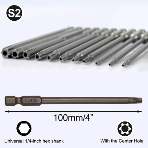 Kickass 11 Piece Security Torx Bit Set Hardened S2 Steel With Grabby Magnetic Tips And Quarter Inch Hex Shank, S2 steel bits on display.