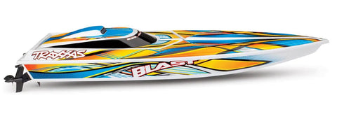 Side view of Beast Speed RC Blast Race Boat with waterproof electronics water cooling 2.4 GHz radio system NiMH battery USB C fast charger