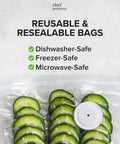 Compact Handheld Vacuum Sealer For Food With 30 Reusable Bags Quick 5 Second Seal showing resealable bag with cucumbers