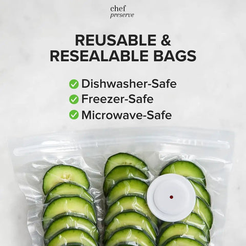 Compact Handheld Vacuum Sealer For Food With 30 Reusable Bags Quick 5 Second Seal showing resealable bag with cucumbers