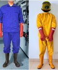 12kV Electrical Gloves Size 10 Thick 1.8mm Rubber Insulated Safety Gear for Electricians Red Waterproof Lineman High Voltage Protection Not For Dexterous Work Supports Up To 22kVDC Maximum Voltage worn in purple and yellow protective suits.