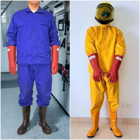 12kV Electrical Gloves Size 10 Thick 1.8mm Rubber Insulated Safety Gear for Electricians Red Waterproof Lineman High Voltage Protection Not For Dexterous Work Supports Up To 22kVDC Maximum Voltage worn in purple and yellow protective suits.
