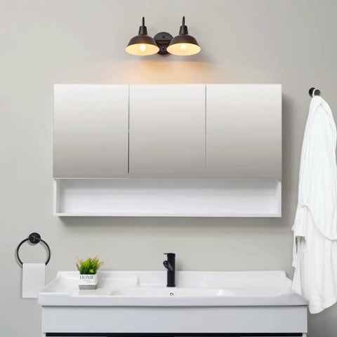 Dope Dark Academia Matte Black 3-Piece Bathroom Set With 15.5 Inch 2-Light Vanity Light fully installed over a modern sink