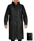 Man wearing black Waterproof Rain Jacket For Men And Women Lightweight Hooded Long Sleeve Packable Windbreaker Poncho with pouch