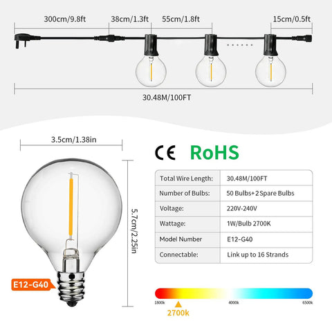 Diagram of 100ft Outdoor String Lights With Shatterproof LED Globes, Weatherproof Patio Lighting, Warm White 2700K