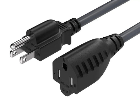 Two Foot Extension Power Cord NEMA 5 15P To NEMA 5 15R Three Prong 16 AWG Heavy Duty Black AC Cable