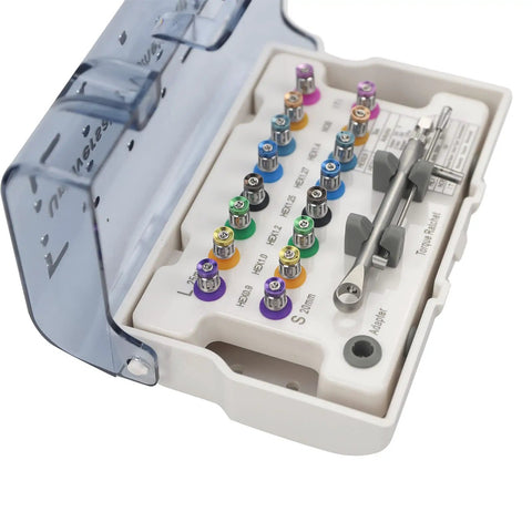 Top Notch Universal Implant Torque Wrench And Prosthetic Driver Kit with colorful shanks in a plastic case, 10 to 70 Ncm