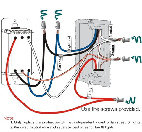 Wiring diagram for Ceiling Fan Control And Dimmer Wall Switch 2 In 1 Light And Ceiling Fan Combo Single Pole No Wi Fi Neutral