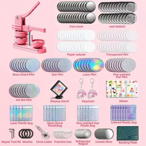 58mm Button Maker Press Kit Starter Bundle For DIY Pins And Badges, includes pink button press, metal parts, films, and tools.