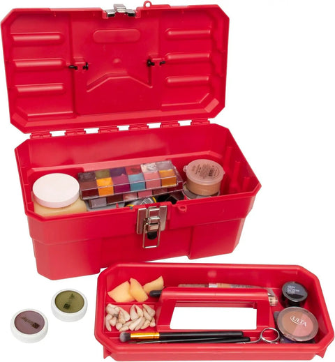 Heavy Duty 14-Inch Plastic Toolbox With Removable Tray, Steel Latch And Padlock Eye, Portable Tool Box, Red, Opened with contents