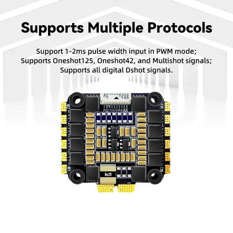 55A 4 In 1 Electronic Speed Controller for 3S to 6S freestyle FPV racing drones, shown with protocol support features.