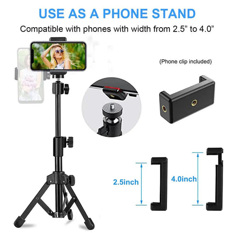 Extendable Webcam Tripod Stand For Desk Mount Ultra Sturdy Metal Frame With Non Slip Base shown as phone stand with phone clip