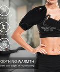 Woman wearing Hot Or Cold Therapy Shoulder Ice Pack Wrap That Hooks You Up With Pain Relief Fast For Rotator Cuff Injuries Surgery And Recovery From Gym Baseball Or Pitching Sessions, black fabric, adjustable strap.