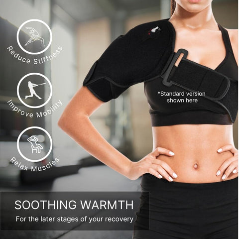 Woman wearing Hot Or Cold Therapy Shoulder Ice Pack Wrap That Hooks You Up With Pain Relief Fast For Rotator Cuff Injuries Surgery And Recovery From Gym Baseball Or Pitching Sessions, black fabric, adjustable strap.
