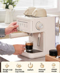 Professional Semi Automatic Espresso Machine With 15 Bar Pressure And Integrated Milk Frother for single cup brewing.