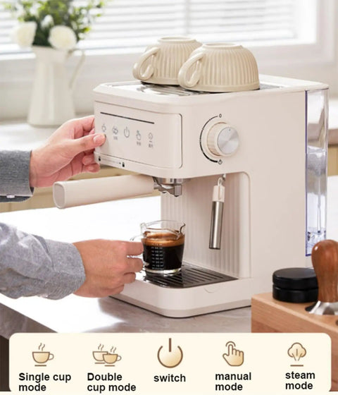 Professional Semi Automatic Espresso Machine With 15 Bar Pressure And Integrated Milk Frother for single cup brewing.