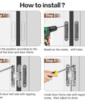 Installation guide for Hidden Door Hinges 7 Inch Stainless Steel Concealed Hinges showing steps to drill and screw.