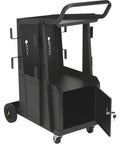 Side view of Two Tier Welding Cart With Locking Cabinet, Heavy Duty Shop Organizer, 31 In Long By 19 In Wide By 38 In High, showing cabinet open.