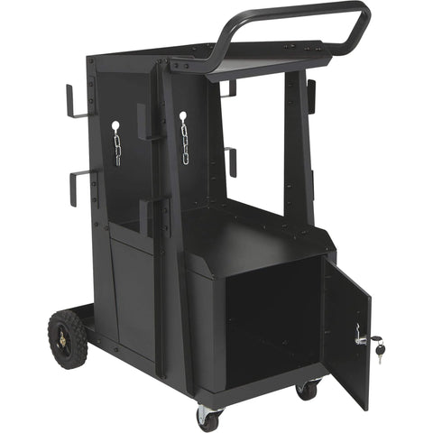 Side view of Two Tier Welding Cart With Locking Cabinet, Heavy Duty Shop Organizer, 31 In Long By 19 In Wide By 38 In High, showing cabinet open.