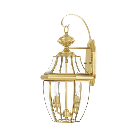 Monterey Two Light Outdoor Wall Lantern in Polished Brass Finish with clear beveled glass, side view