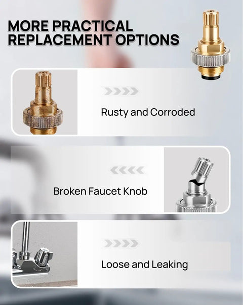 Comparison of old rusty faucet stem with new 4 Inch Brass Faucet Handle Replacement Stem Assembly Kit For Kitchen And Bathroom Knobs.