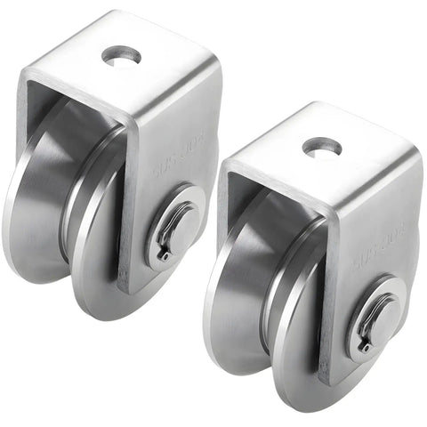 Beefy Two Pack Heavy Duty Stainless Steel Pulleys with Dual Wheel Grooved Track for Bolt Fixed Installations, 400 Kg Max Load
