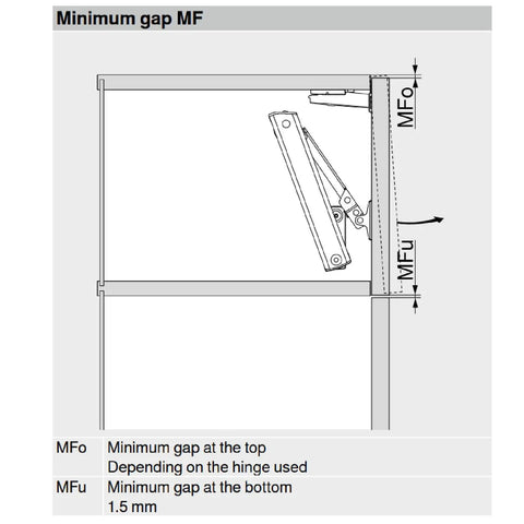 Soft Close Lift Mechanism For Small Wall Cabinets With Soft Close Hinges Dual Sided Auto Assist Lift For Upper Cabinets Adjustable Fit For PF 113-156 20K1501 Easy Install Smooth Glide Durable Kitchen Cabinet Upgrade diagram showing minimum gap measurements