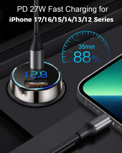 Next Gen Pure Copper Usb C Car Charger With 45 Watt Dual Port Fast Charging, slim console charger with digital display.