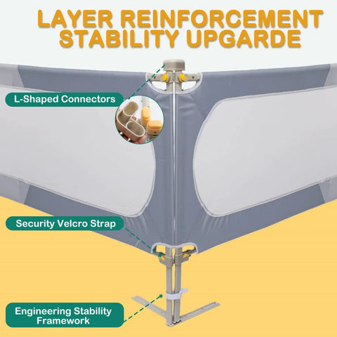 Toddler Bed Rail Guard For Kids Swing Down Safe Guard Rail Fits Queen And Full Size Beds Gray And White Easy Install Sturdy Steel Frame With Soft Fabric Cover No Tools Needed showing stability reinforcement connectors.