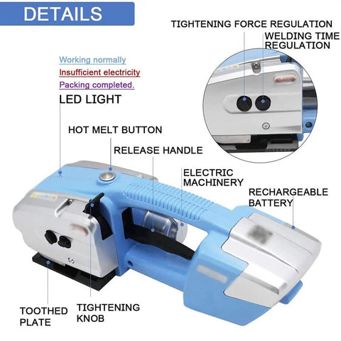 Heavy Duty Electric Welding Strapping Tool And Hot Melt Strapping Machine For 13 Through 16 Mm Pp Pet Straps with LED light and buttons.