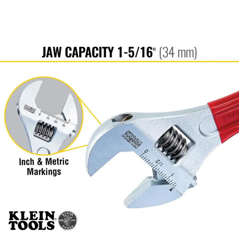 Adjustable Drive Wrench With Extra Capacity Jaw Built For Tough Jobs Forged Heat Treated Alloy Steel Chrome Finish 10 Inch Precision Machined Jaws For Smooth Operation In Tight Spaces showing inch and metric markings.