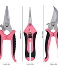 All In One Three Piece Gardening Pruning Set With Bypass Pruners Straight Snips And Floral Shears For Trimming Branches Stems Roses Hedges Herbs Tomatoes And More Outdoor Indoor Garden Tools Pink in pink with measurements
