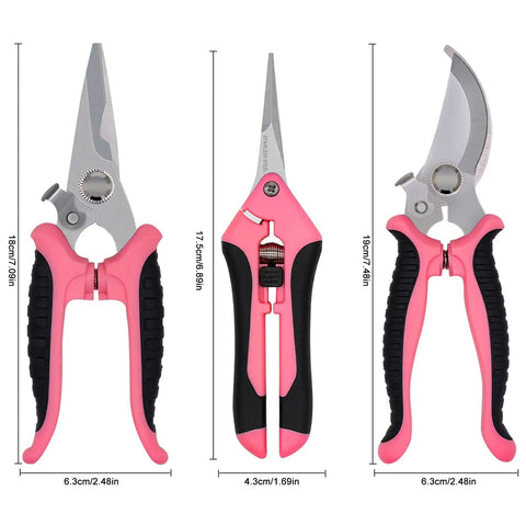 All In One Three Piece Gardening Pruning Set With Bypass Pruners Straight Snips And Floral Shears For Trimming Branches Stems Roses Hedges Herbs Tomatoes And More Outdoor Indoor Garden Tools Pink in pink with measurements