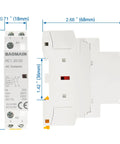 Front and side view of AC Contactor 230V 20A 2 Pole 2NO Din Rail Mount Magnetic Contactor with dimension details.